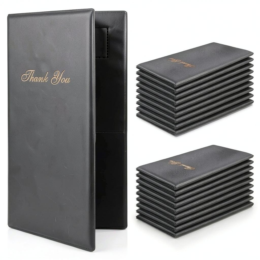 XYX Server Book 20 Black Vinyl Guest Check Presenter opened on a wooden bar counter, showing interior pockets and credit card holder