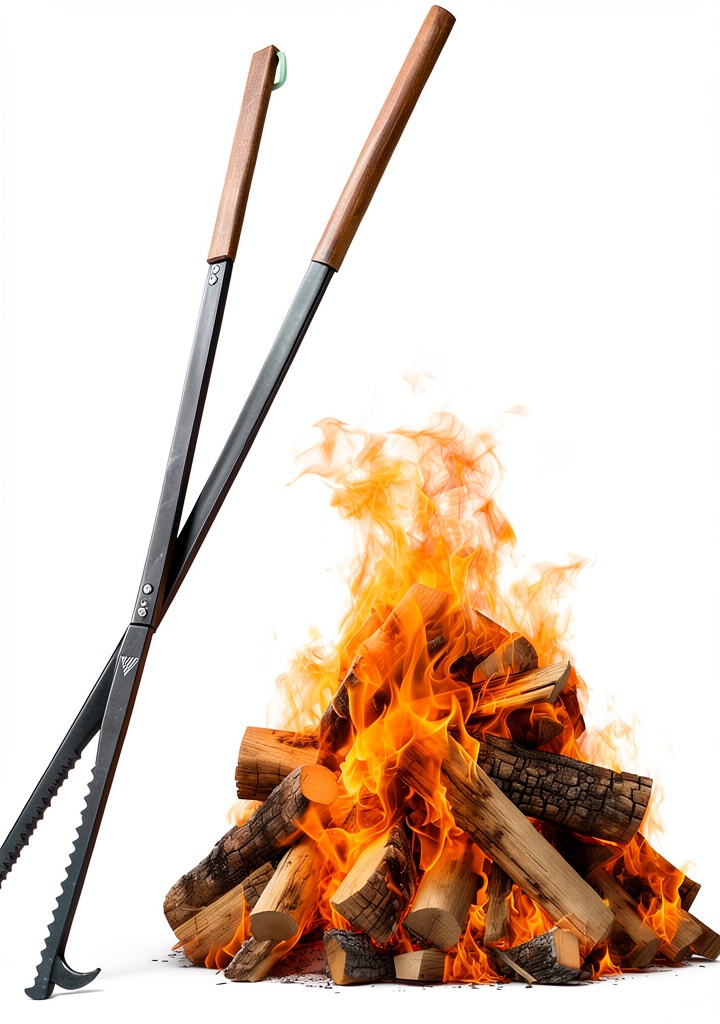 MightyPhine metal fireplace tongs 40in modern being held beside a backyard fire pit