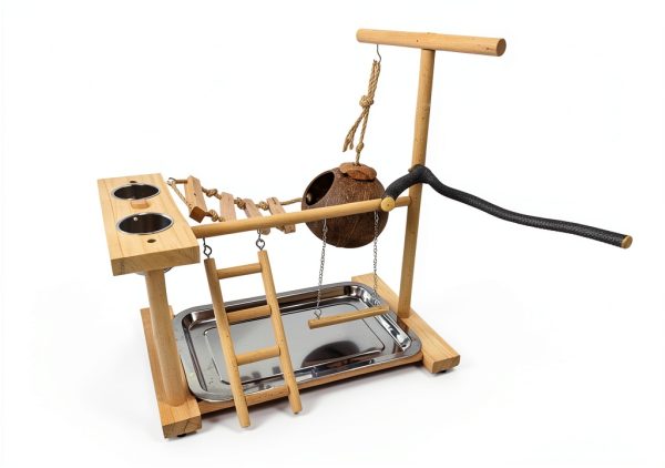 Parrot Playground Stand Natural Wood Perch Gym with Feeder by-1