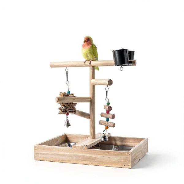 Bird Playground Vibriskape Wood Stand with Perch, Toys and Food Cups-3