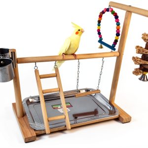 Hamiledyi Parrot Playground Play Stand with Feeder Cups Swings Ladder-0