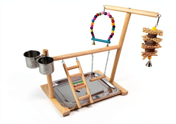 Hamiledyi Parrot Playground Play Stand with Feeder Cups Swings Ladder-5