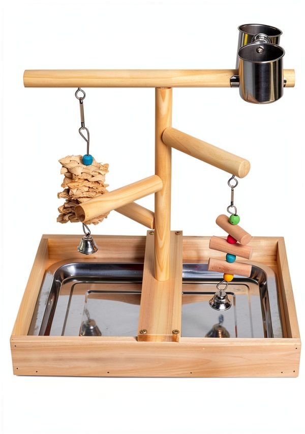 Bird Playground Vibriskape Wood Stand with Perch, Toys and Food Cups-1