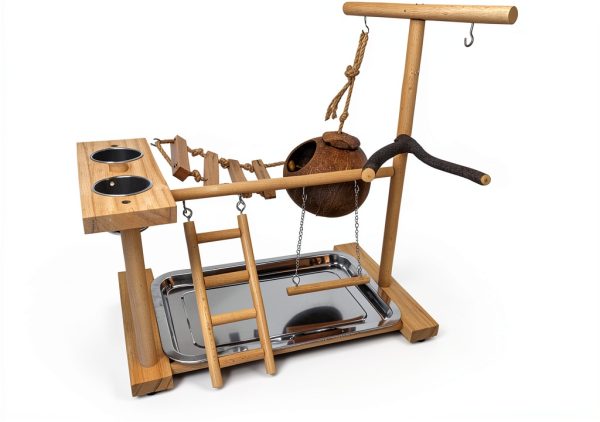Parrot Playground Stand Natural Wood Perch Gym with Feeder by-6