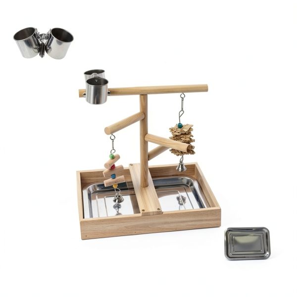 Bird Playground Vibriskape Wood Stand with Perch, Toys and Food Cups-2