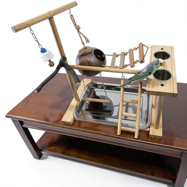 Parrot Playground Stand Natural Wood Perch Gym with Feeder by-4