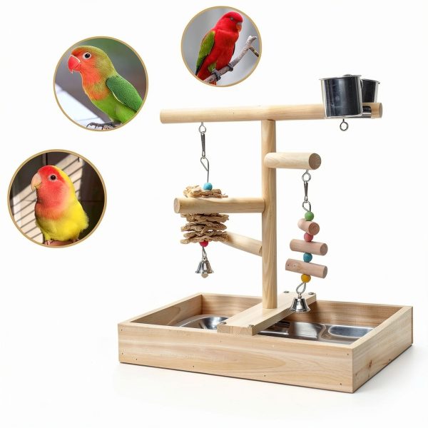 Bird Playground Vibriskape Wood Stand with Perch, Toys and Food Cups-4