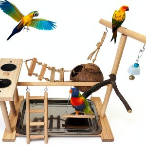 Parrot Playground Stand Natural Wood Perch Gym with Feeder by-0