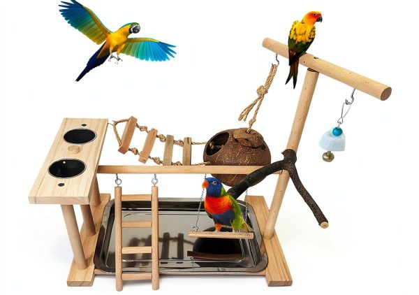 Parrot Playground Stand Natural Wood Perch Gym with Feeder by-0