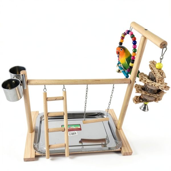 Hamiledyi Parrot Playground Play Stand with Feeder Cups Swings Ladder-3