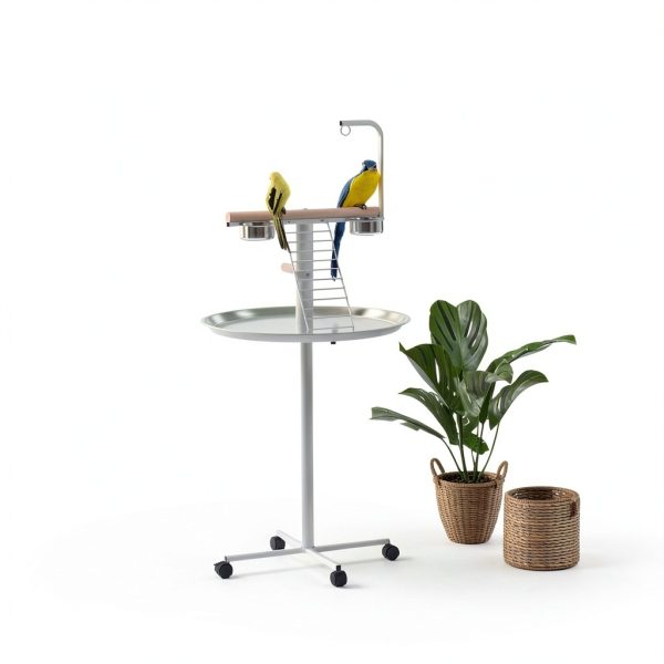 Bird Stand PawHut with Wheels, Stainless Steel Bowls, White-1