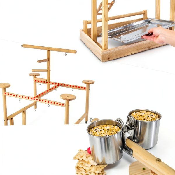 Bird Playground - Natural Wood Parrot Playstand with Perches, Bird Play Gym & Accessories, Removable Tray & 4 Stainless Steel Cups-1