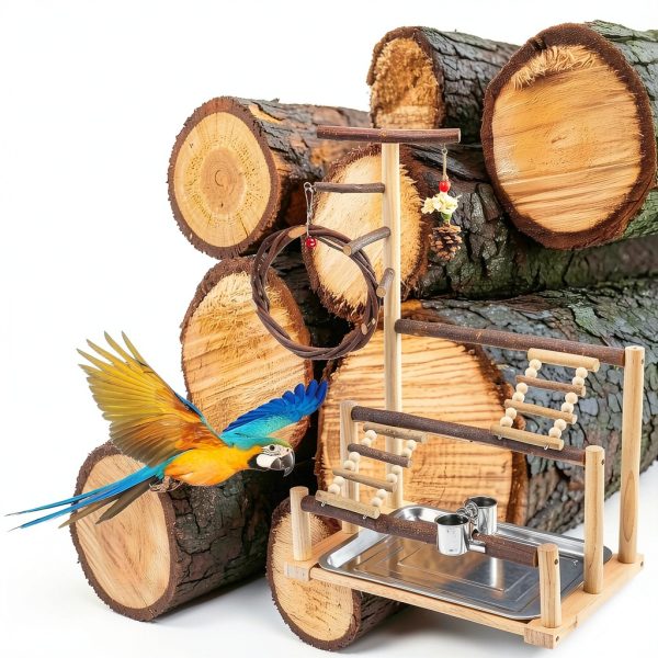 Bird Playground Natural Wooden Bird Stand Features Removable Tray, Feeding Cup, Bird Swing, Chew Toy, And Other Cage Accessories.Suitable for Most Parrots Including Long-Tailed Parrots and Budgerigars-6