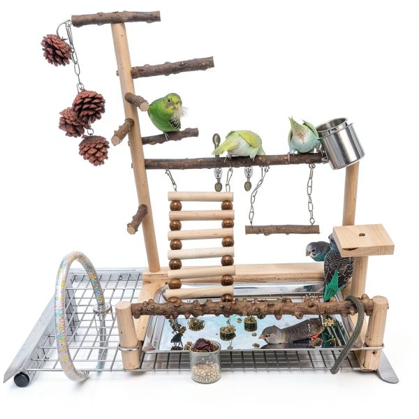 Bird Playground with Feeder Cups, Wooden Parrot Play Stand for Cockatiel, Parakeet-3