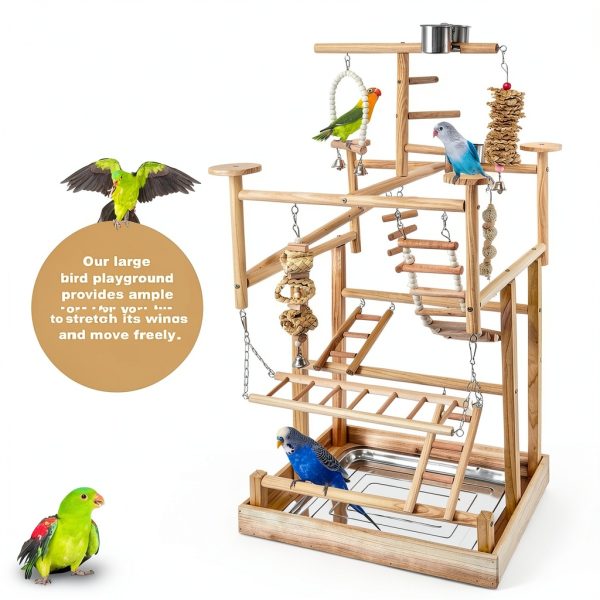 Bird Playground - Natural Wood Parrot Playstand with Perches, Bird Play Gym & Accessories, Removable Tray & 4 Stainless Steel Cups-6