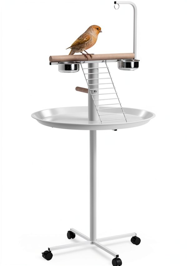 Bird Stand PawHut with Wheels, Stainless Steel Bowls, White-0