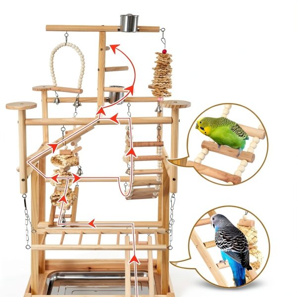 Bird Playground - Natural Wood Parrot Playstand with Perches, Bird Play Gym & Accessories, Removable Tray & 4 Stainless Steel Cups-2