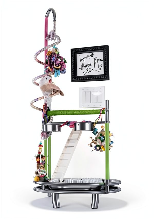 COZIWOW 72" Parrot Stand,Stainless Steel Tray Bowls Large Bird Playstand,Parrot Perch with Easy Grip,Wrought Iron Bird Stand with Toy Hook,Macaw Play Gym Ground Stand Rolling Wheel,Pet Gift-1