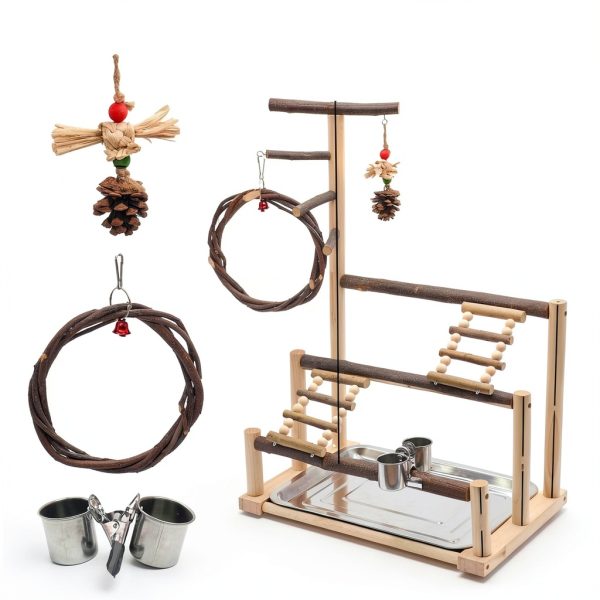 Bird Playground Natural Wooden Bird Stand Features Removable Tray, Feeding Cup, Bird Swing, Chew Toy, And Other Cage Accessories.Suitable for Most Parrots Including Long-Tailed Parrots and Budgerigars-1