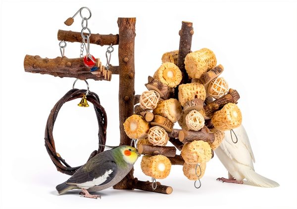 Bird Playground - Natural Wood Bird Perch Stand with Removable Tray and 2 Stainless Steel Cups-3
