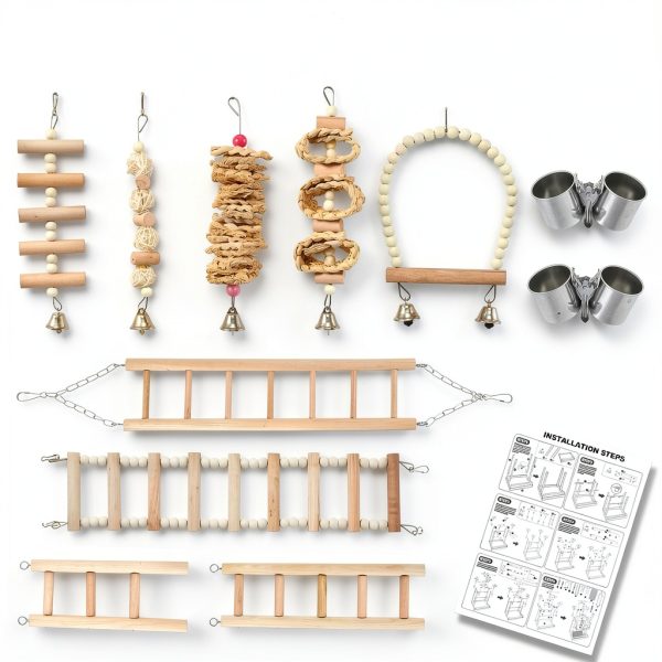Bird Playground - Natural Wood Parrot Playstand with Perches, Bird Play Gym & Accessories, Removable Tray & 4 Stainless Steel Cups-5