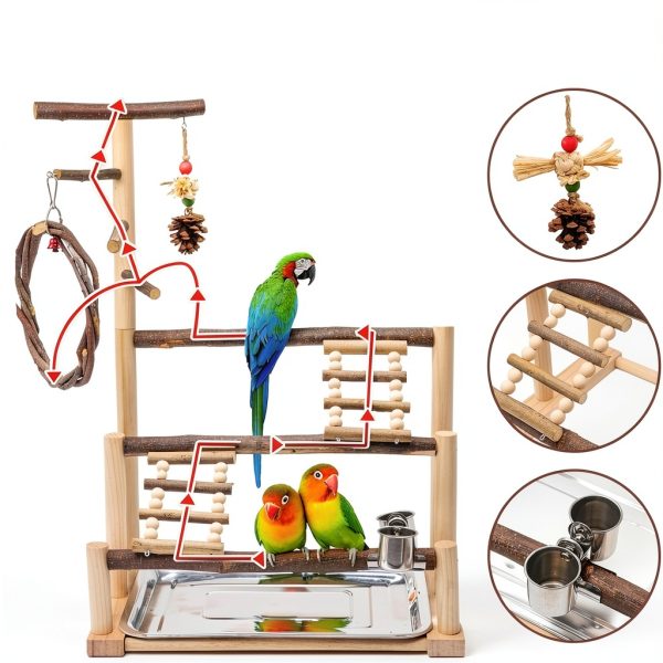 Bird Playground Natural Wooden Bird Stand Features Removable Tray, Feeding Cup, Bird Swing, Chew Toy, And Other Cage Accessories.Suitable for Most Parrots Including Long-Tailed Parrots and Budgerigars-2