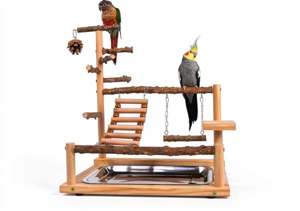 Bird Playground with Feeder Cups, Wooden Parrot Play Stand for Cockatiel, Parakeet-1