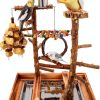 Bird Playground - Natural Wood Bird Perch Stand with Removable Tray and 2 Stainless Steel Cups-0