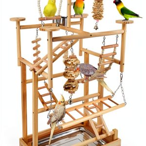 Bird Playground - Natural Wood Parrot Playstand with Perches, Bird Play Gym & Accessories, Removable Tray & 4 Stainless Steel Cups-0