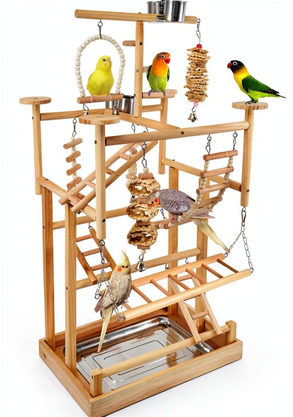Bird Playground - Natural Wood Parrot Playstand with Perches, Bird Play Gym & Accessories, Removable Tray & 4 Stainless Steel Cups-0
