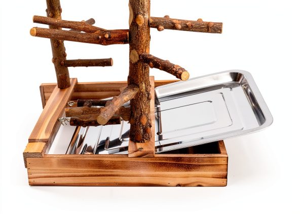 Bird Playground - Natural Wood Bird Perch Stand with Removable Tray and 2 Stainless Steel Cups-2