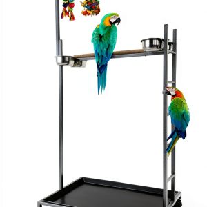 65.5 Inch X-Large Parrot Natural Perch Stand Bird Play Ground Training with Strong Climbing Play Ladder Stainless Feeding Bowls Toy Hook Removable Washable Tray Lockable Rolling Wheels-0