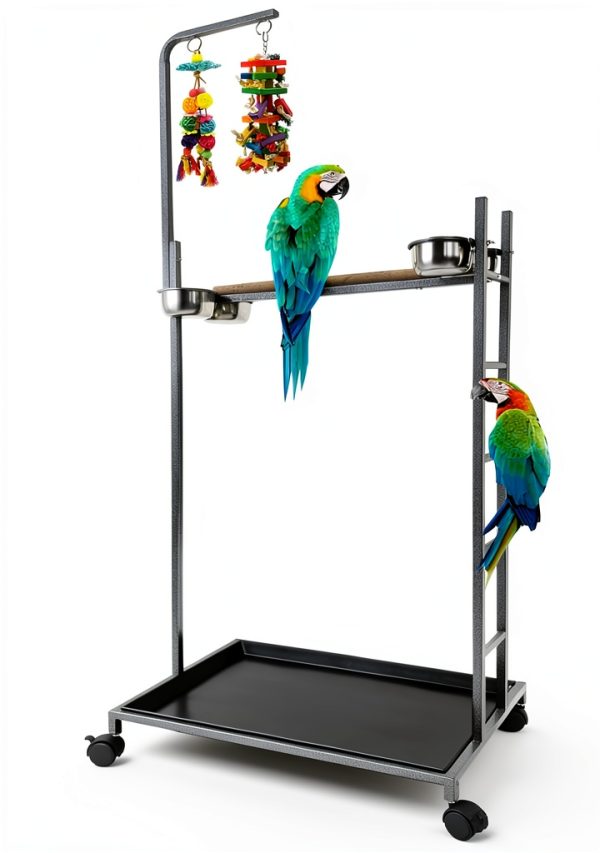 65.5 Inch X-Large Parrot Natural Perch Stand Bird Play Ground Training with Strong Climbing Play Ladder Stainless Feeding Bowls Toy Hook Removable Washable Tray Lockable Rolling Wheels-0