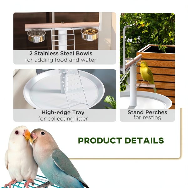 Bird Stand PawHut with Wheels, Stainless Steel Bowls, White-4